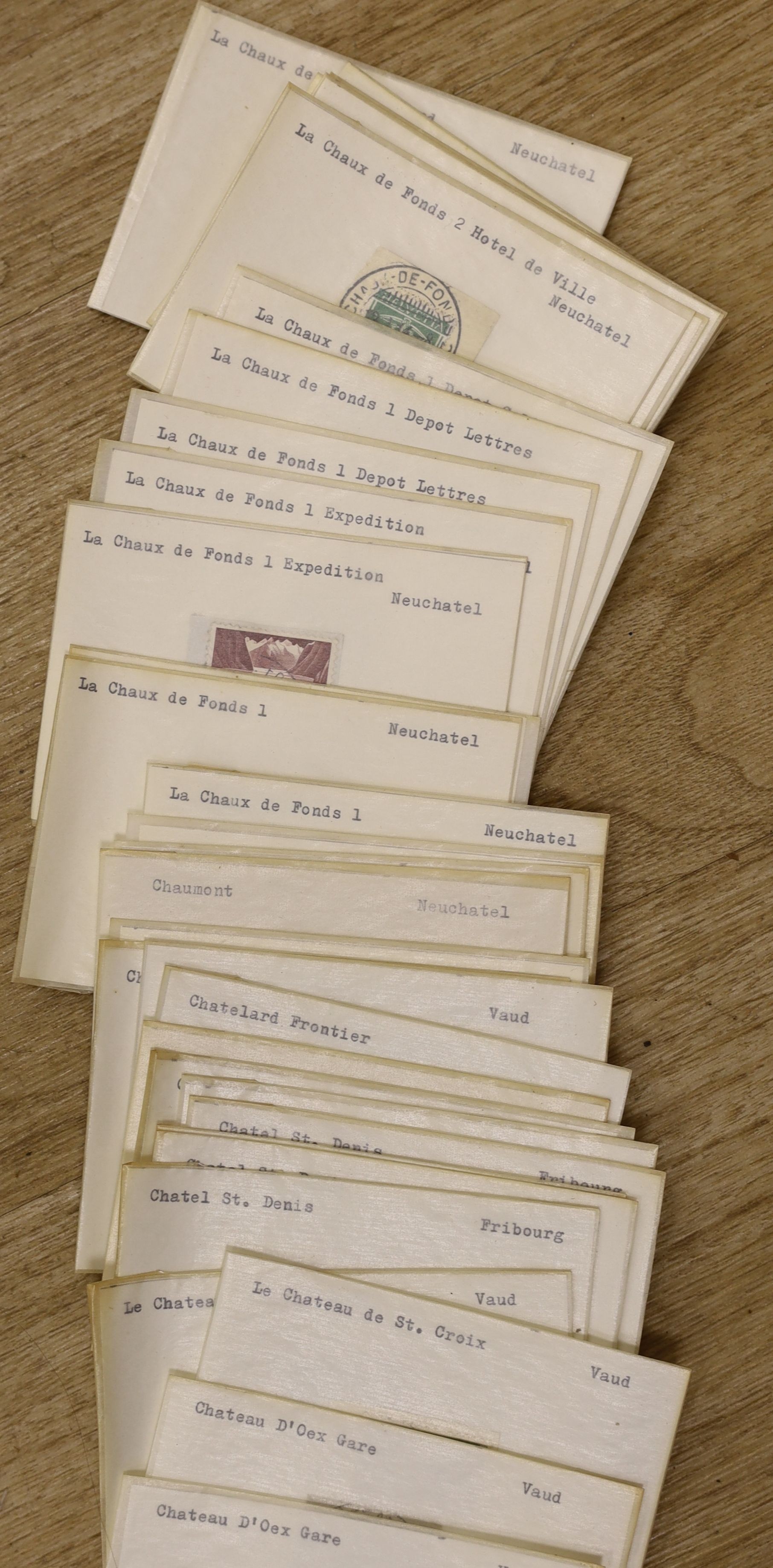 Switzerland postmarks on piece A-Z, mostly 1950's-60's in 16 file drawers, remarkable assembly looks like every post office operating at the time (two boxes)